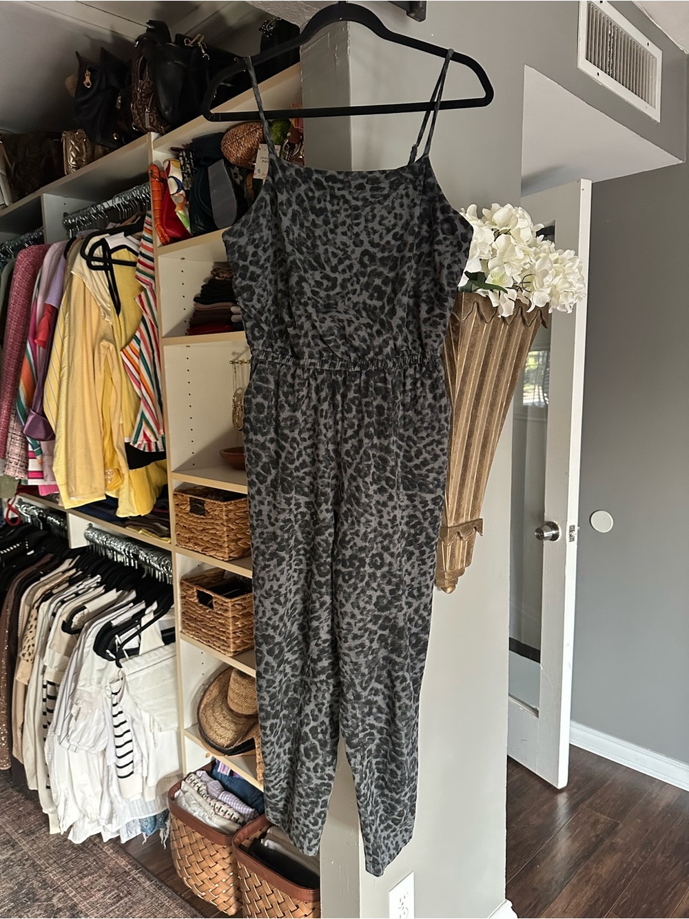 Old Navy Gray Leopard Print Spaghetti Strap Jumpsuit